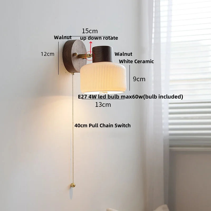 White Flower Ceramic LED Wall Sconce with Wood Base and Copper Rotate