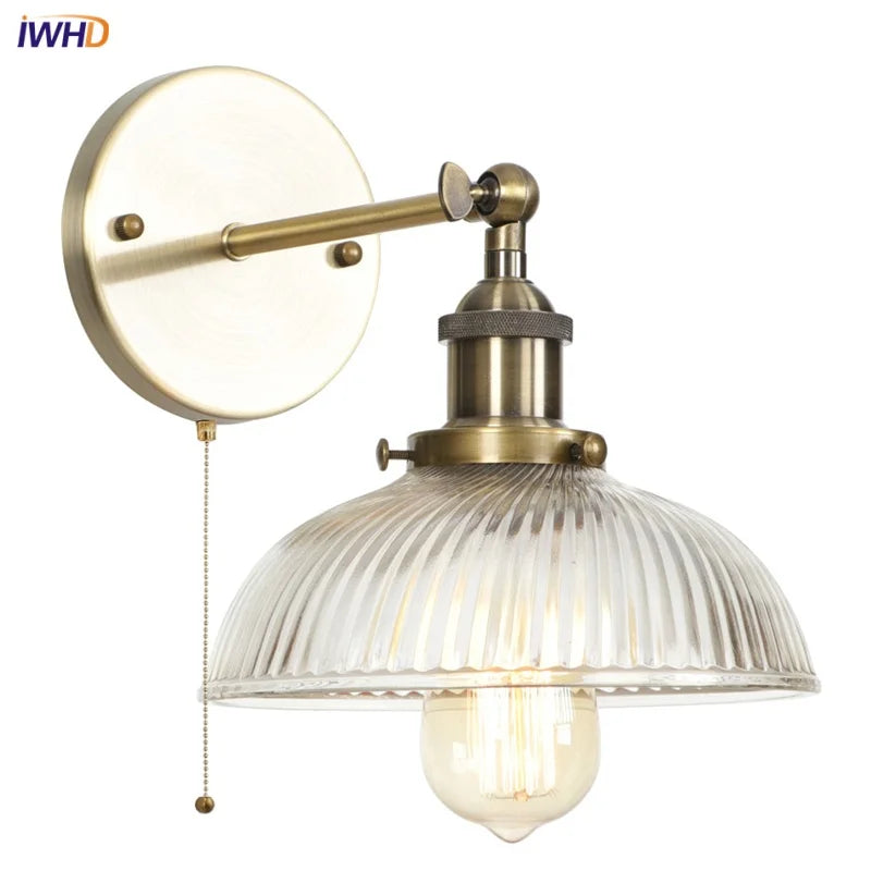 Glass Industrial LED Wall Sconce with Pull Chain Switch, Vintage Bedside Light