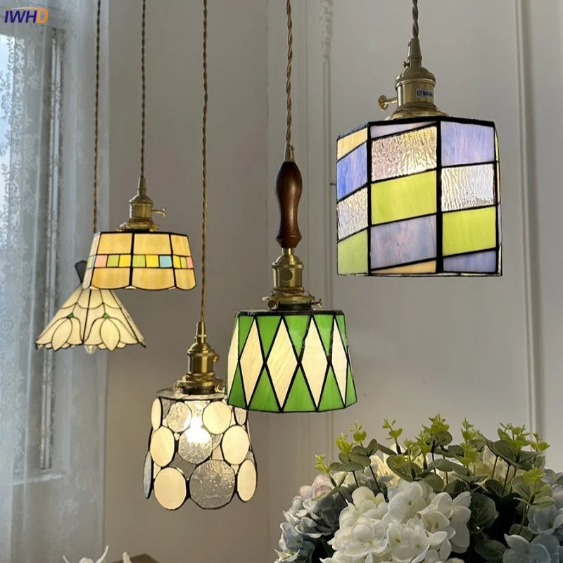 LED Glass & Wood Pendant Lamp Vintage Copper Hanging Lights
