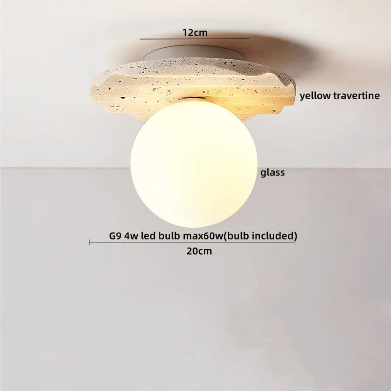Yellow Cave Stone LED Ceiling Lamp Wood Canopy G9 White Glass