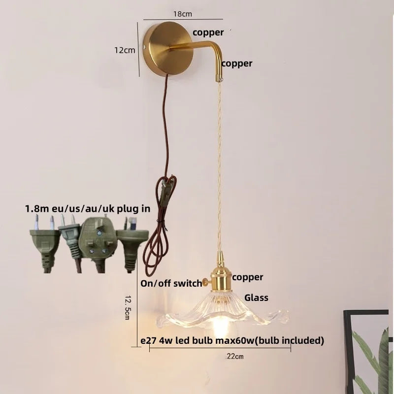 Copper LED Glass Wall Sconce with Pull Chain Switch for Living Dining Room