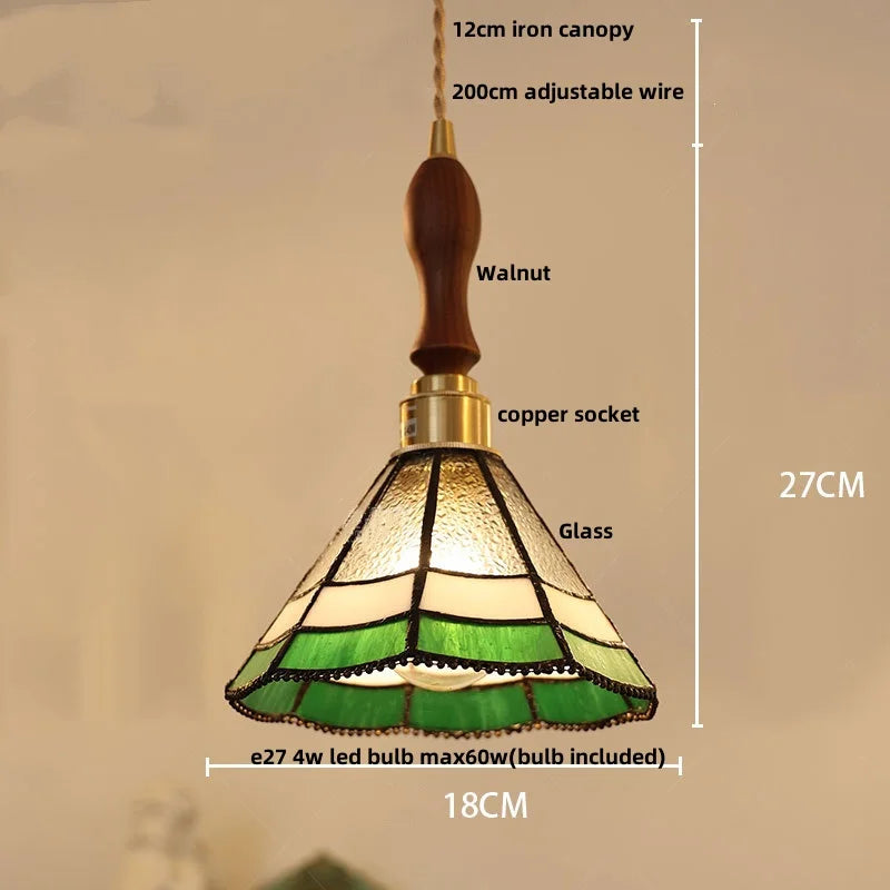 White Glass LED Pendant Light Fixture Walnut Wood Hang Lamp