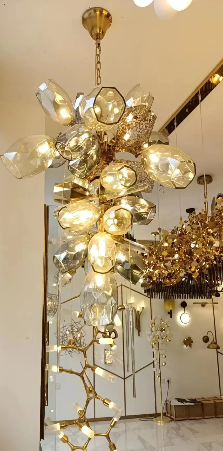 Glass Shades LED Chandelier Stairs Art Metal Lighting Luxe Chain Hanging Lamp