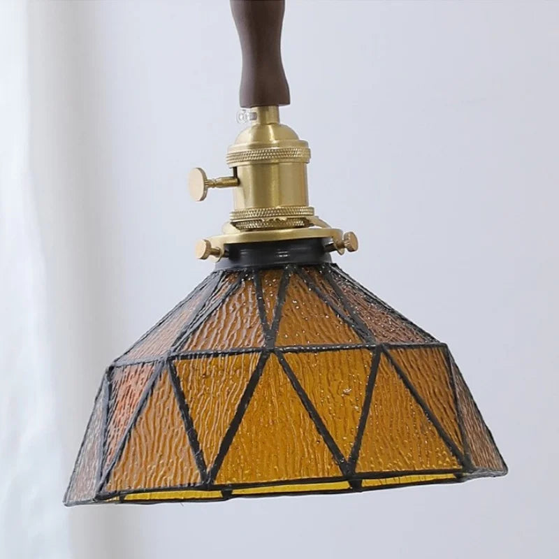 LED Adjustable Pendant Light Fixture Amber Glass Walnut Wood Bar Hanging Lamp