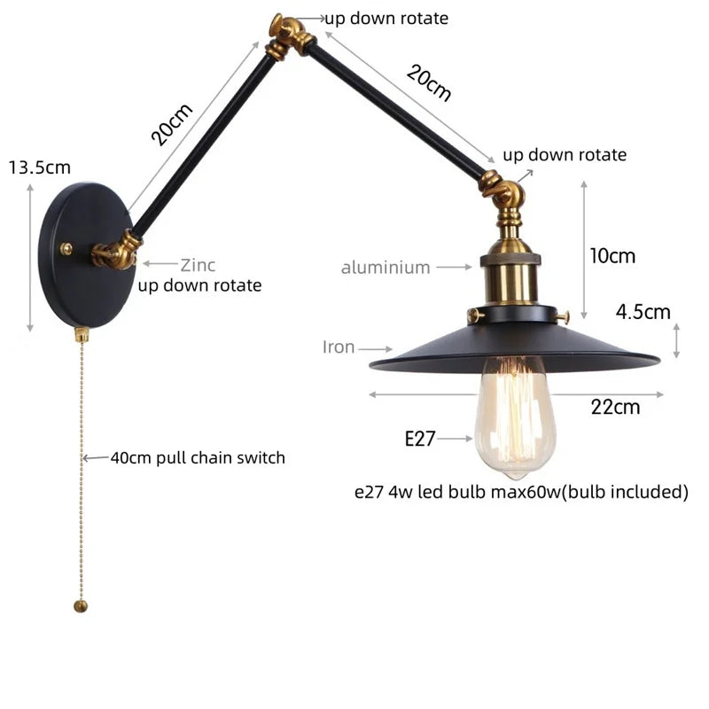Black Iron LED Wall Light Fixture Industrial Vintage Adjustable Long Arm