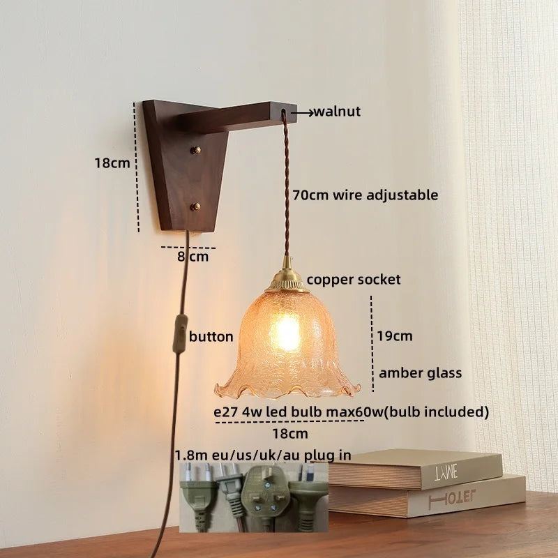 Modern Walnut Copper LED Wall Light for Bedroom Living Room Restaurant