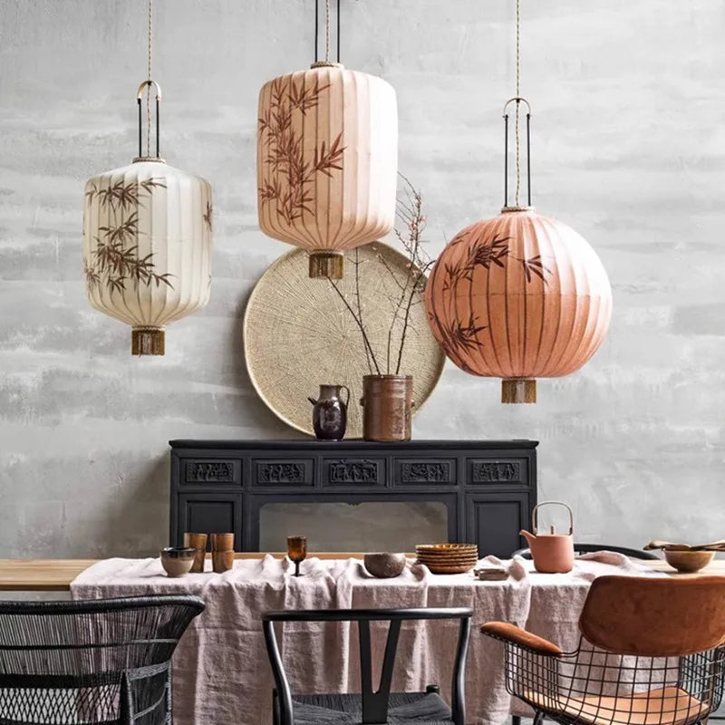 Bamboo Lantern Pendant: Handmade Fabric Shade for Elegant Hotel and Restaurant Lighting