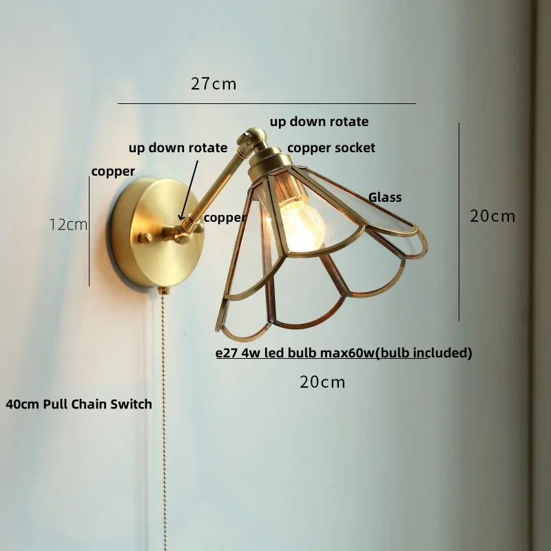 Vintage Brass Clear Glass Wall Lights Up Down Rotate Bedside Lamp