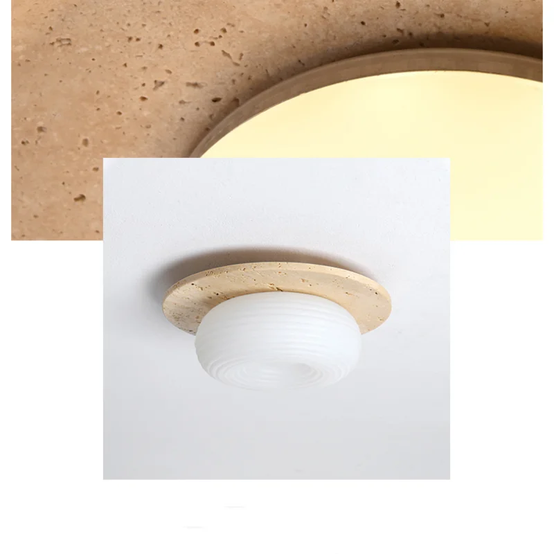 Yellow Travertine LED Ceiling Light Fixture for Living Room Dining Cafe White PE Lampshade