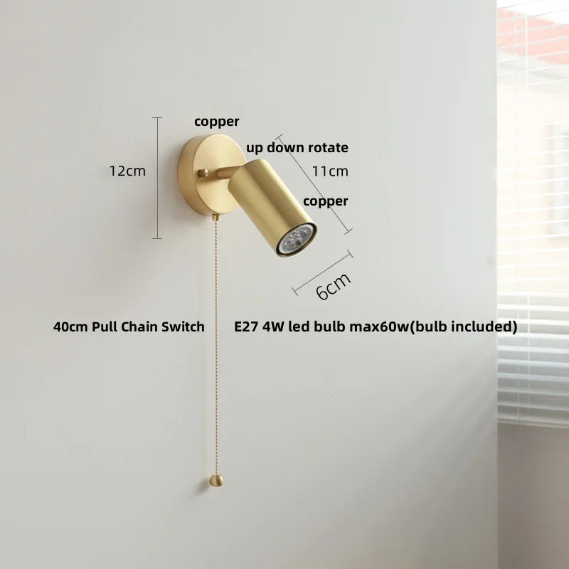 Walnut Wood LED Wall Lights Bedroom Copper Rotate Glass Pull Chain Switch