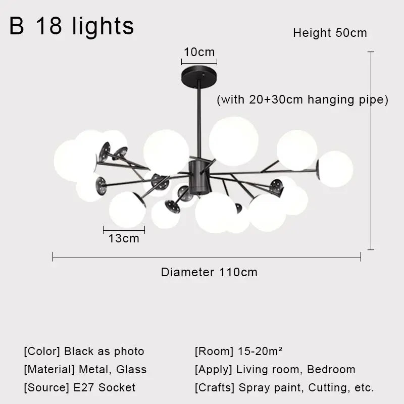 Nordic Black Glass Ball Ceiling Chandelier for Living Room Kitchen Bedroom Dining Home Décor