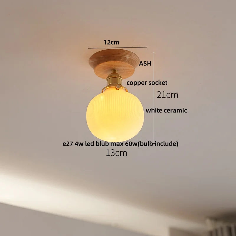 White Ceramic LED Ceiling Lamp Wood Ash Nordic Modern Copper Light