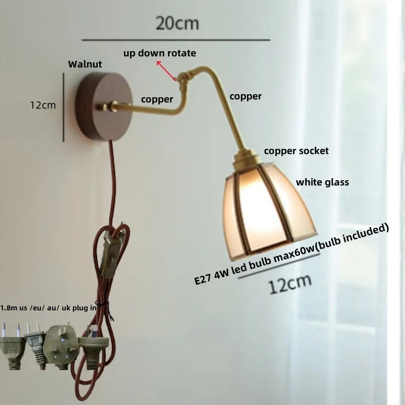 Clear Glass LED Wall Sconce Pull Chain Switch Rotate Arm Walnut Wood Stair Light
