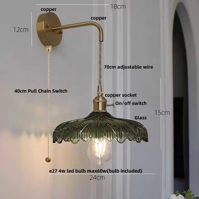 Amber Vintage LED Wall Light Glass Copper Pull Chain Switch Hallway Lamp