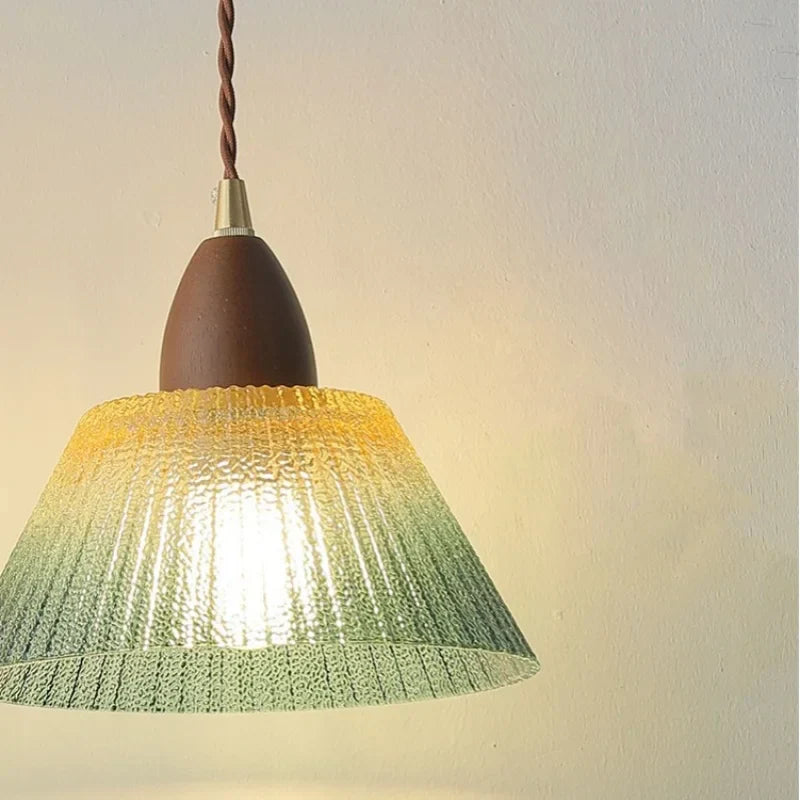 Walnut Wood LED Pendant Lamp Green Glass Modern Interior Hanging Light