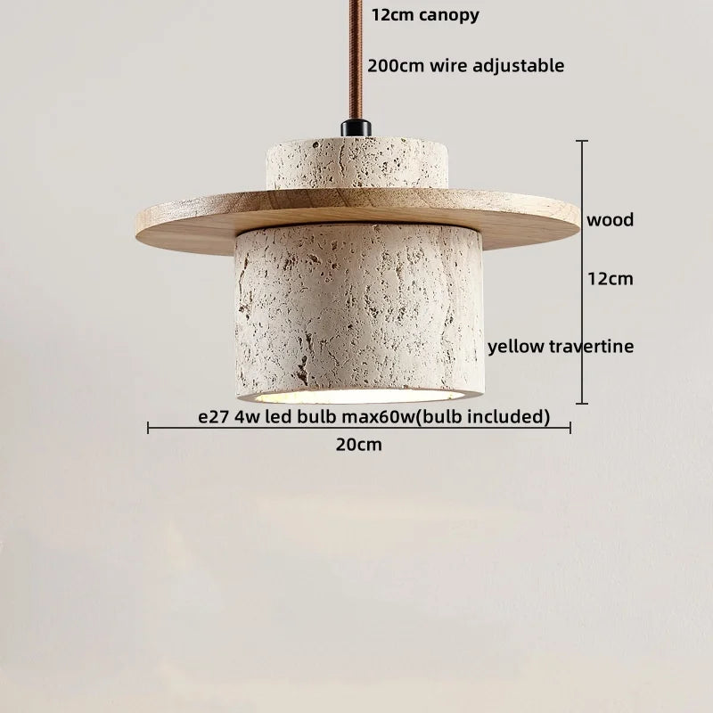 Yellow Travertine Wood Base LED Pendant Lights - Modern Adjustable Hanging Lamp