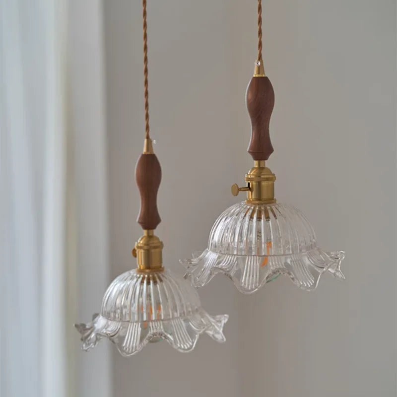 Afralia™ Modern Walnut Wood LED Pendant Lights with Glass Flower Shade