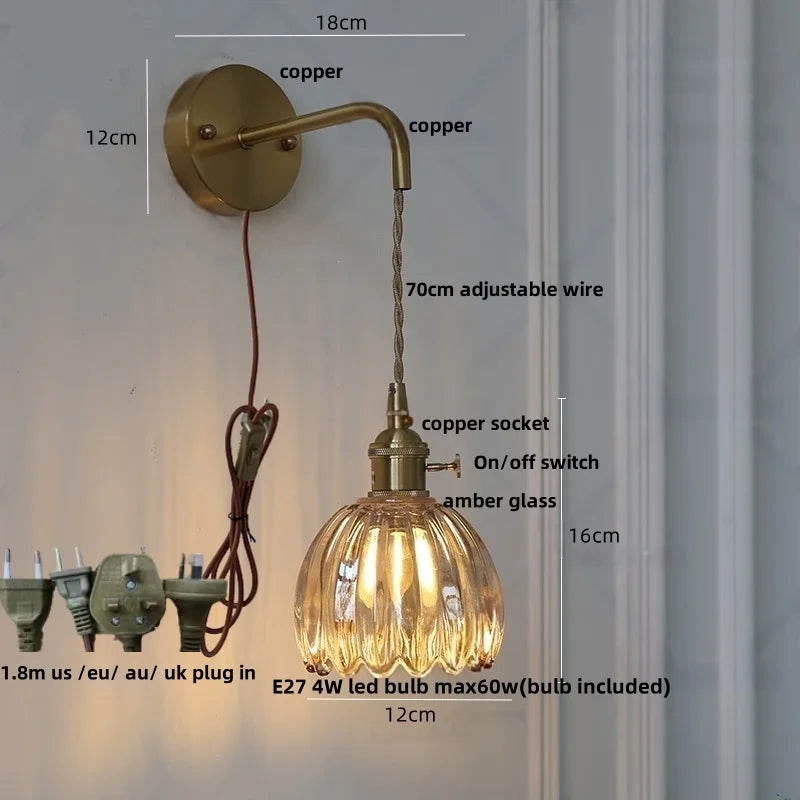 Smoke Gray Glass LED Wall Light Fixture Minimalist Pull Chain Switch Bedside Lamp