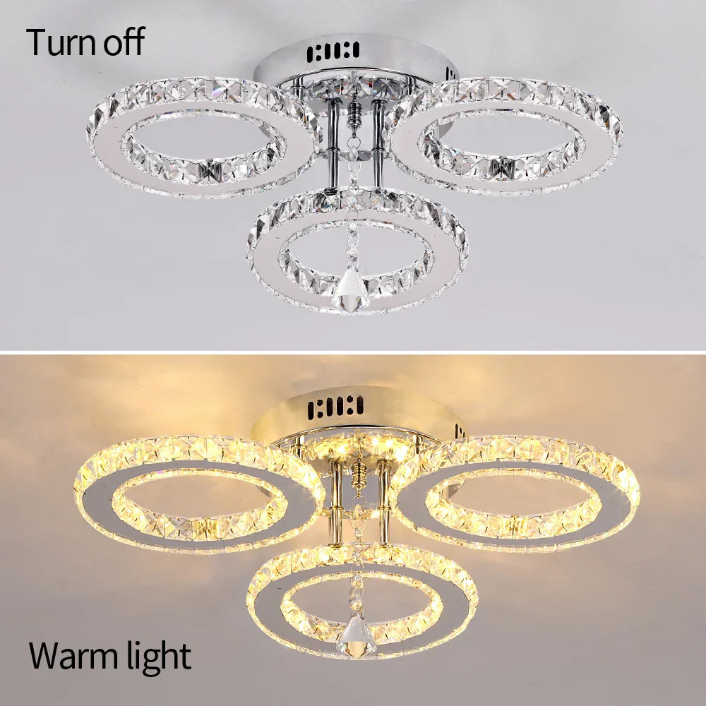 Crystal Chandelier 3Rings Chrome Pendant Light for Bedroom Living Room