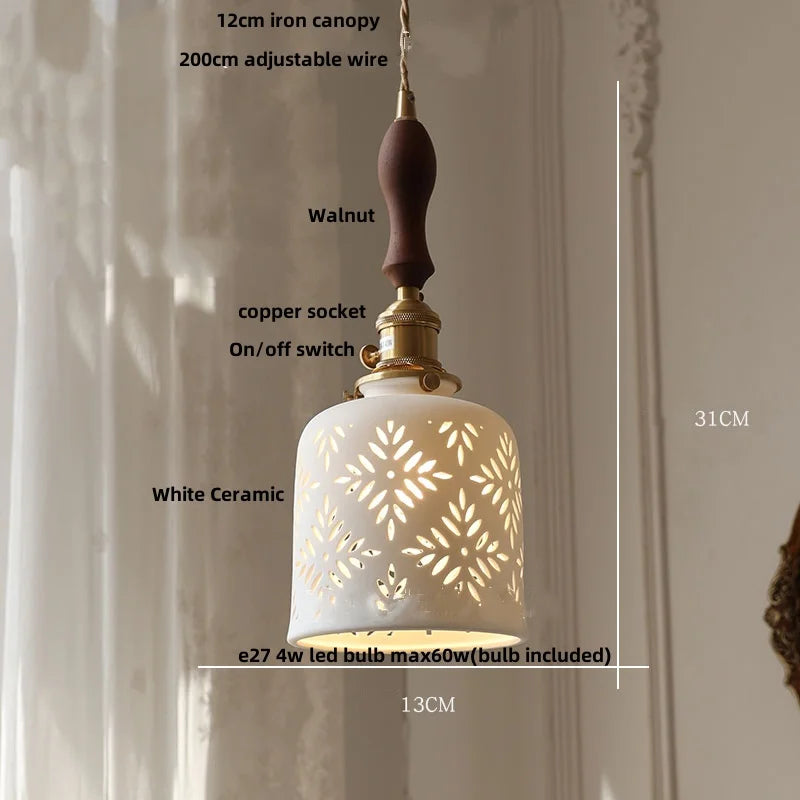 Walnut Wood LED Pendant Lights Modern Ceramic Switch Hanging Lamp