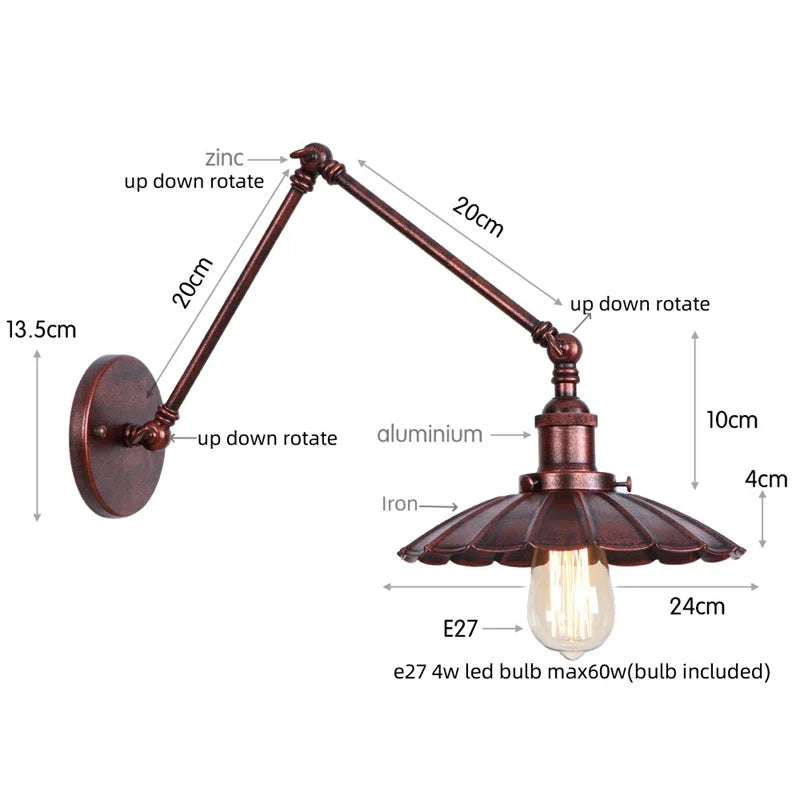 Afralia™ Gold LED Industrial Wall Lamp with Pull Chain Switch