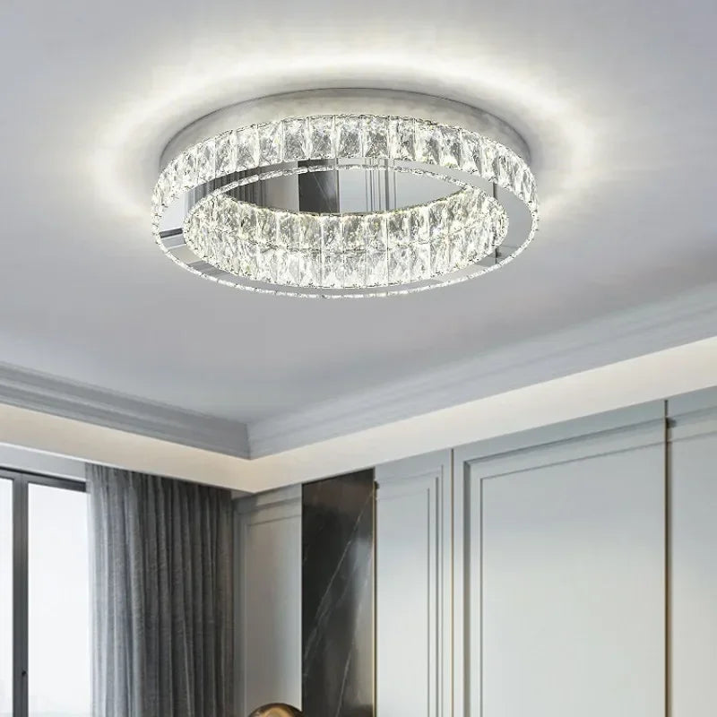 Crystal LED Ceiling Light Chrome Steel Chandelier - Dimmable Round Lamp
