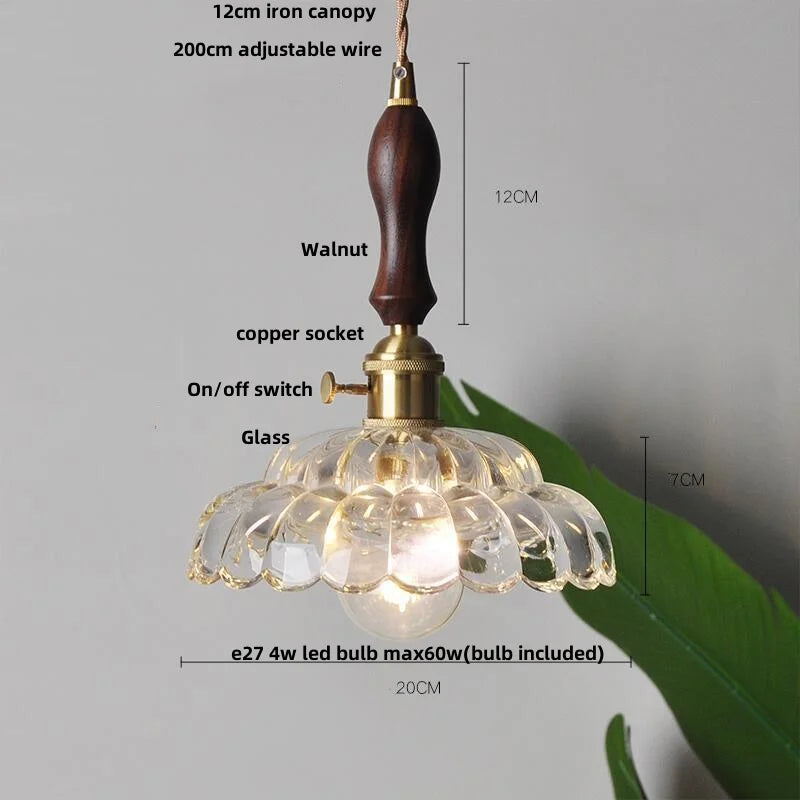 Walnut LED Glass Flower Pendant Light Fixture Adjusts Wire Modern Dining Bathroom