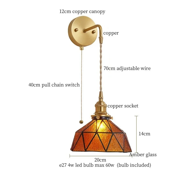 Tiffany Glass LED Wall Lamp Pull Chain Switch Vintage Copper Wall Lights