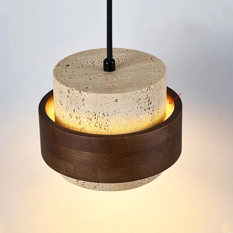 Yellow Travertine LED Wall Lamp Pull Chain Switch Stone Wood Modern Light