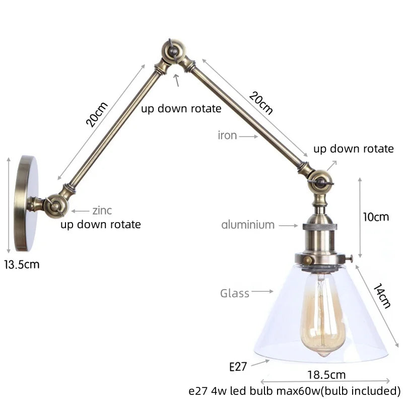 Vintage Industrial LED Wall Light with Clear Glass Shade & Adjustable Long Arm