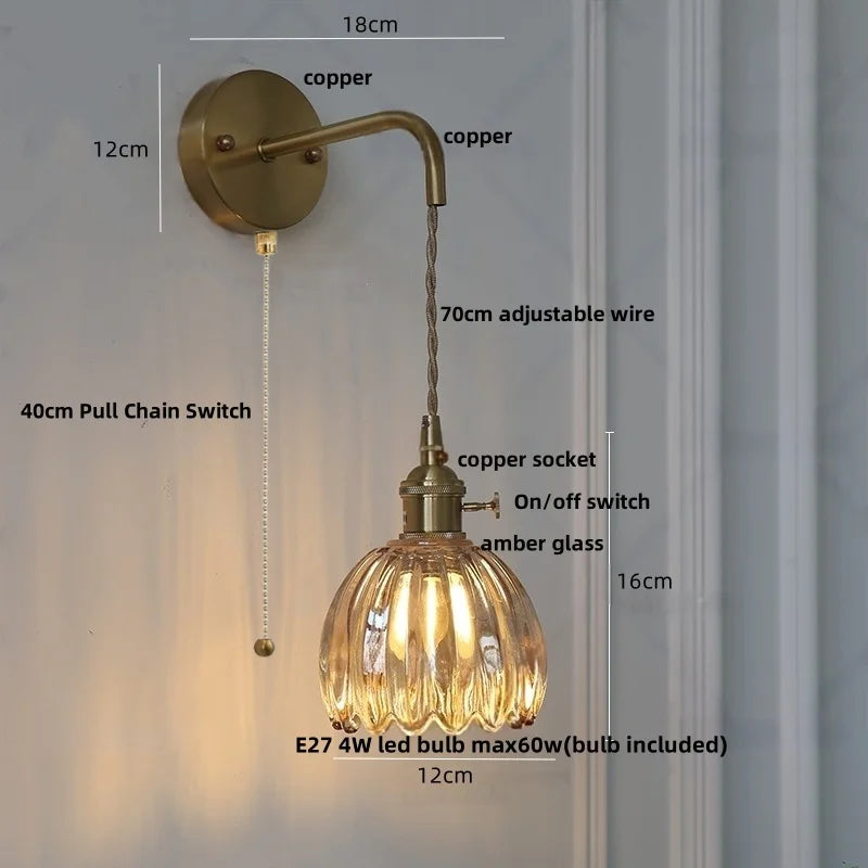 Smoke Gray Glass LED Wall Light Fixture Minimalist Pull Chain Switch Bedside Lamp