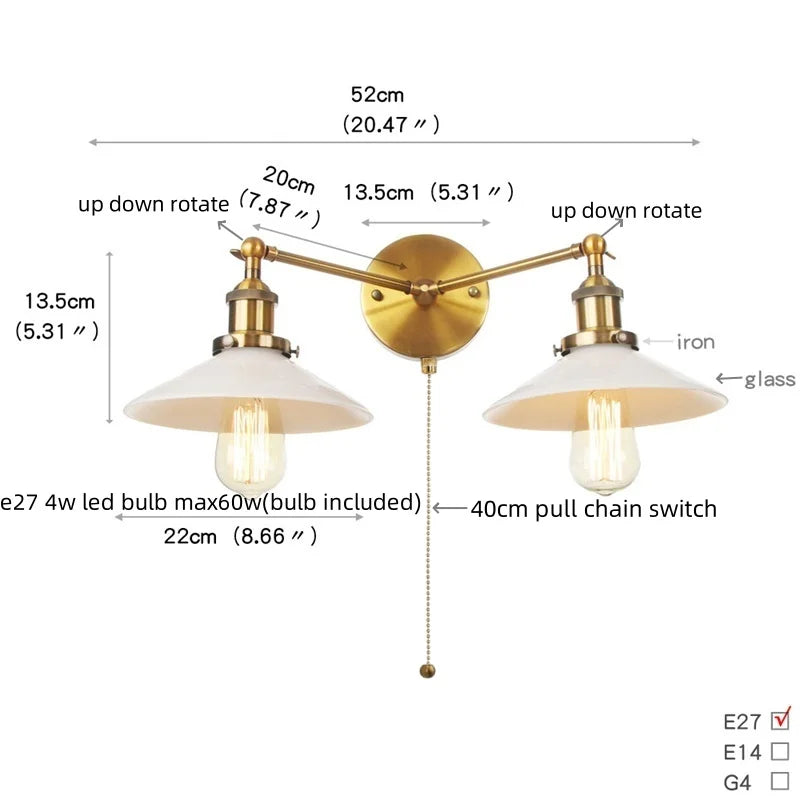 Glass 2-Light Wall Sconce with Pull Chain Switch for Bedroom and Bathroom