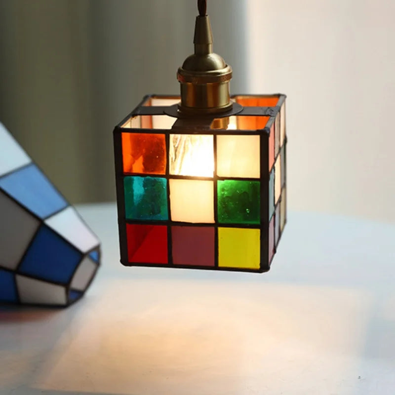 Colorful LED Glass Pendant Light Fixture, Modern Nordic Cube Hang Lamp