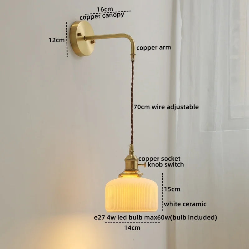 Ceramic Copper LED Wall Lamp with Pull Chain Switch for Modern Style Interiors