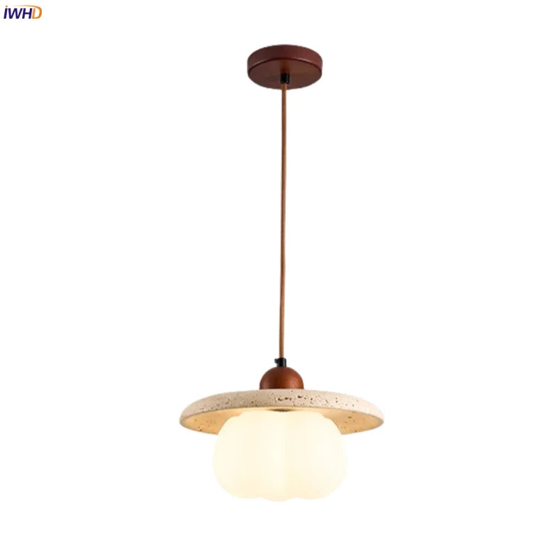 Pumpkin Glass Pendant Lights Yellow Travertine Hanging Lamp for Kitchen Bedroom Decor