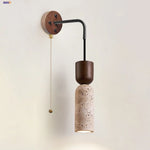 Wood LED Wall Lamp Yellow Travertine Pull Chain Switch Modern Nordic Style