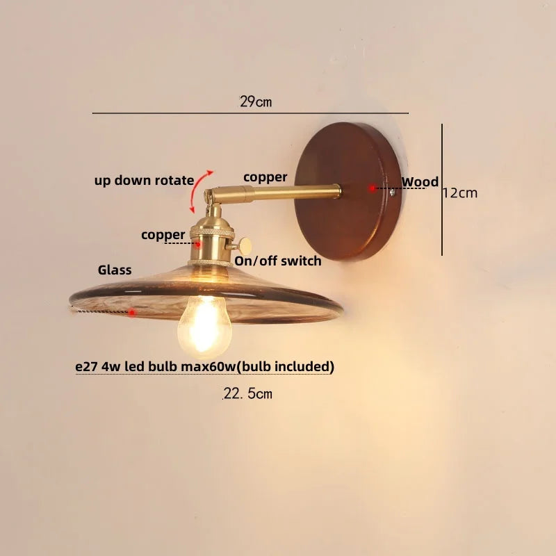 Walnut Wood LED Wall Light Nordic Modern Glass Pull Chain Switch