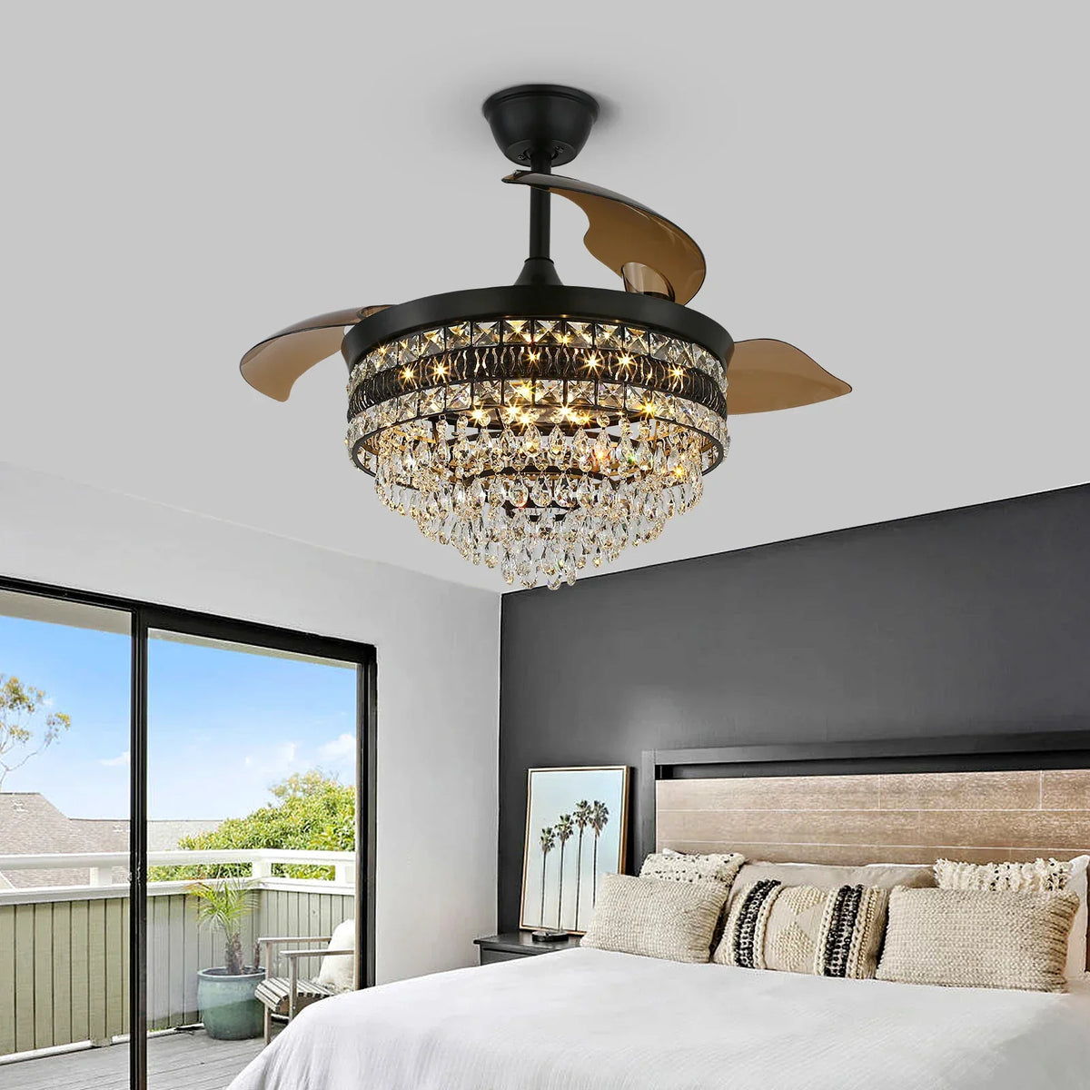 Smart Ceiling Fan with Pendant Lighting, 3-head LED Fandelier Lamp.