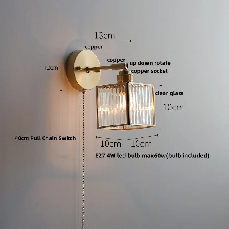 Glass LED Wall Light with Pull Chain Switch, Rotating Japanese Style Bedside Lamp
