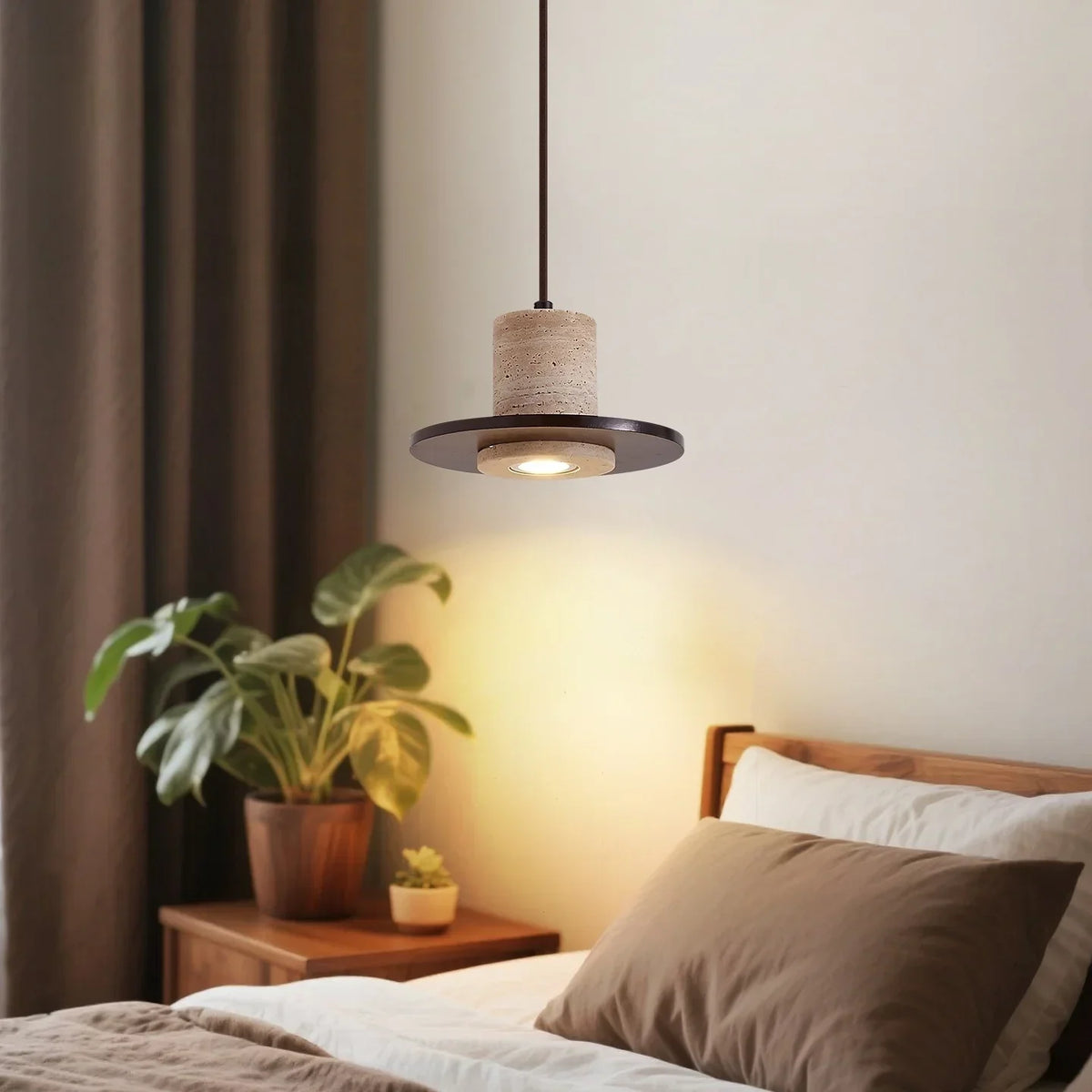 Stone Wood LED Pendant Lights Yellow Travertine Vintage Hanging Lamp