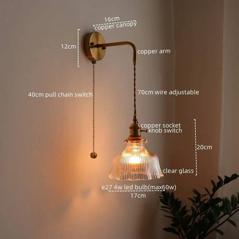 LED Wall Lamp Glass Copper Arandelas Para Parede Retro Style for Living Room