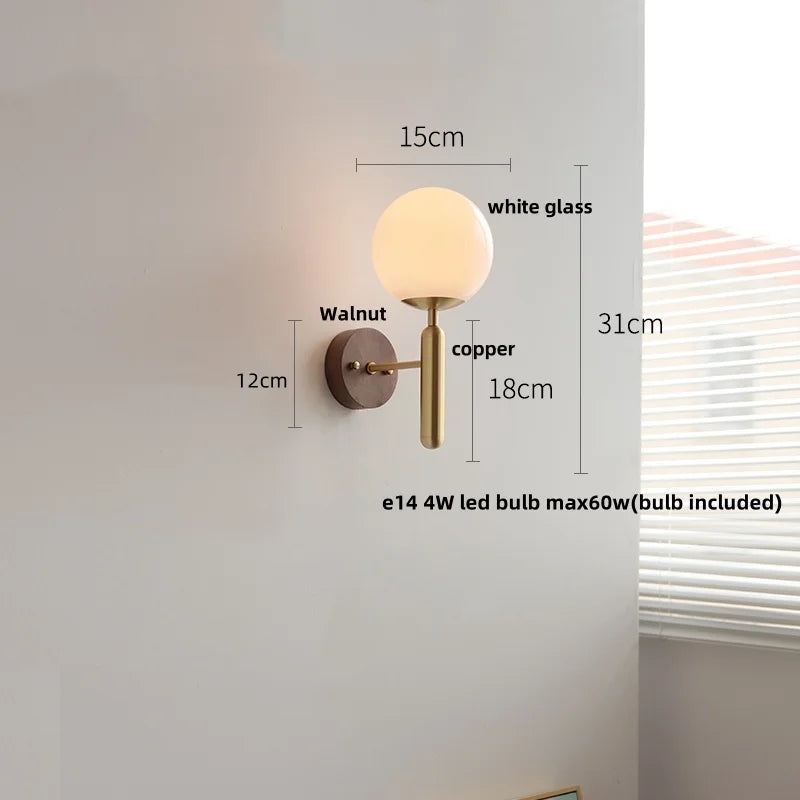White Glass LED Wall Sconce with Pull Chain Switch & Copper Base