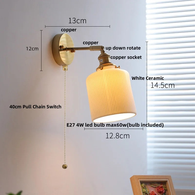 White Ceramic LED Wall Sconce with Pull Chain Switch & Rotate Copper Finish