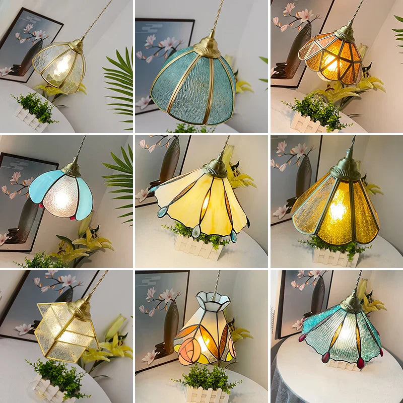 Brass Vintage Glass Pendant Lamp Adjustable LED Dining Room Kitchen Fixture