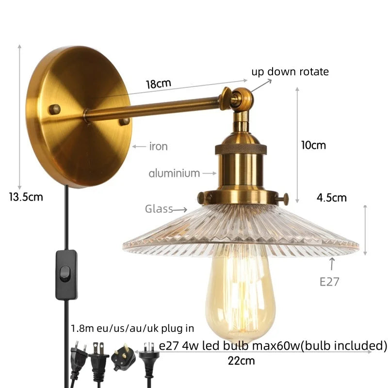 Industrial Loft LED Wall Lights for Bedroom, Plug In Stairs Lamp