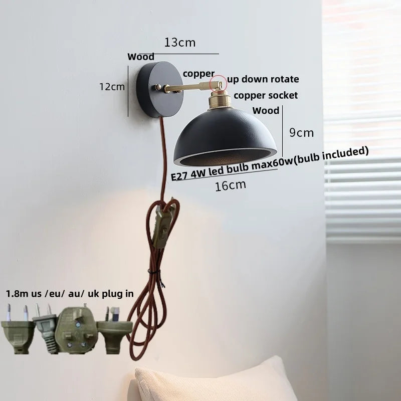Wood Copper Wall Sconce Modern LED Fixture Bedside Lamp Bar Rotate Black