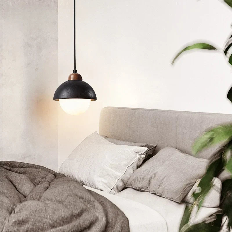 Glass Ball LED Pendant Lights Black Travertine Wabi Sabi Hanging Lamp