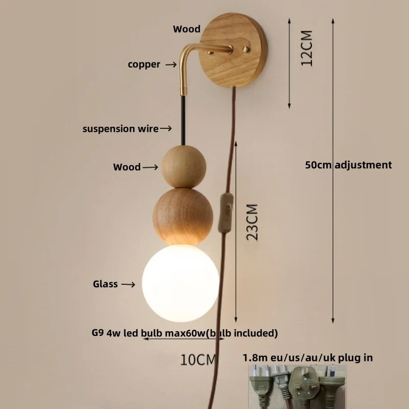 Glass and Wood Adjustable Wall Light for Living Room and Bedroom