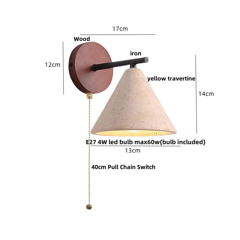 LED Yellow Travertine Wall Light with Wood Pull Chain Switch and Iron Frame