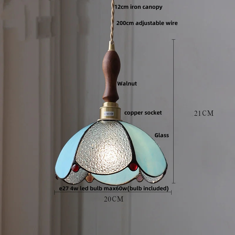 Walnut Wood LED Pendant Light Fixture Wine Red Glass Vintage Brass Hang Lamp
